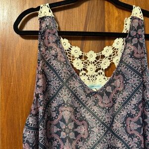 Maurices Navy and Cream Paisley Top with Crochet Accent